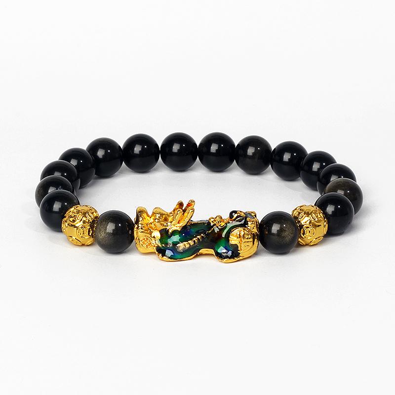Feng Shui Black Obsidian Wealth Bracelets Men Color Changed Pi Xiu Bracelets Women 10mm Dragon Mantra Bead Bangle Lucky Jewelry