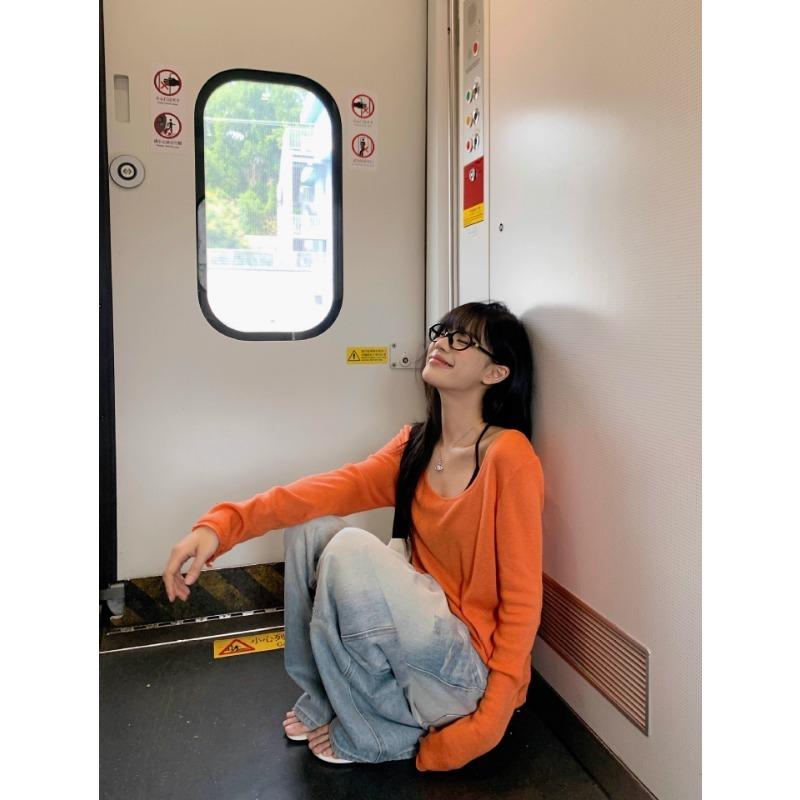 Summer Thin Long-sleeved Sun Protection Cover-up T-shirt Women's Loose Casual Off-shoulder New Top