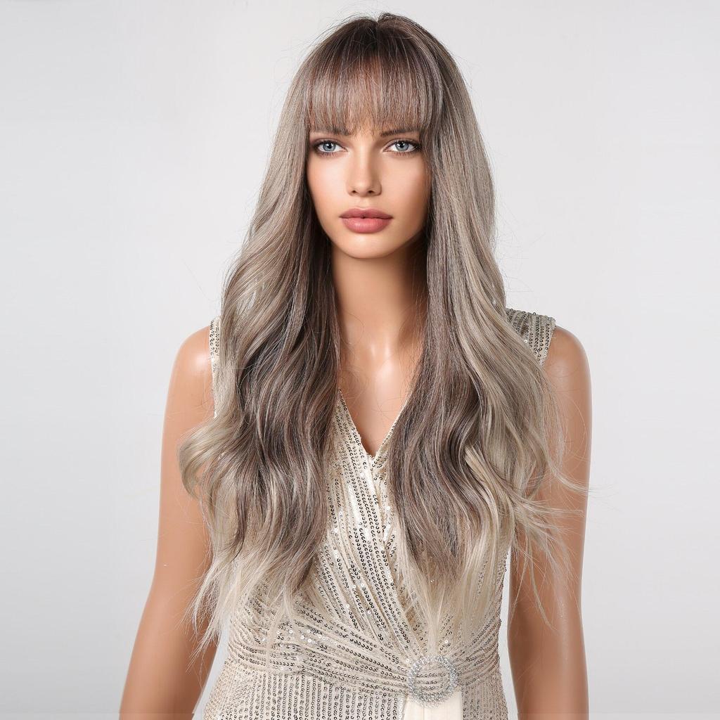 Long Wavy Synthetic Wig with Bangs Ombre Gray Brown Highlight Hair Cosplay Daily Natural Wig for Women Heat Resistant Fiber Wig