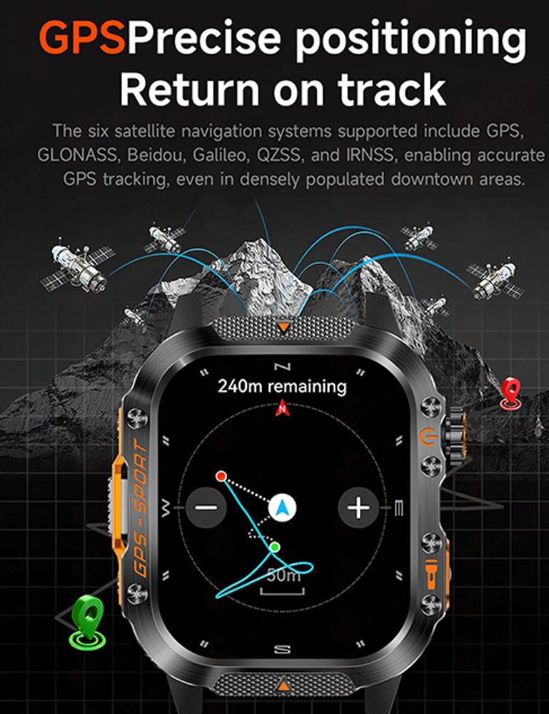 New Military Outdoor GPS Smart Watch Men LED Flashlight Compas Bluetooth Call 2.01" Screen 5ATM Waterproof Sports Smartwatch