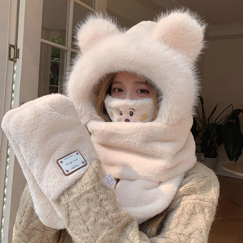 Korean Cute Plush Three-piece Set for Women's Autumn and Winter New Scarf Gloves Hat Integrated Plus Velvet Cold Proof and Warm Hat