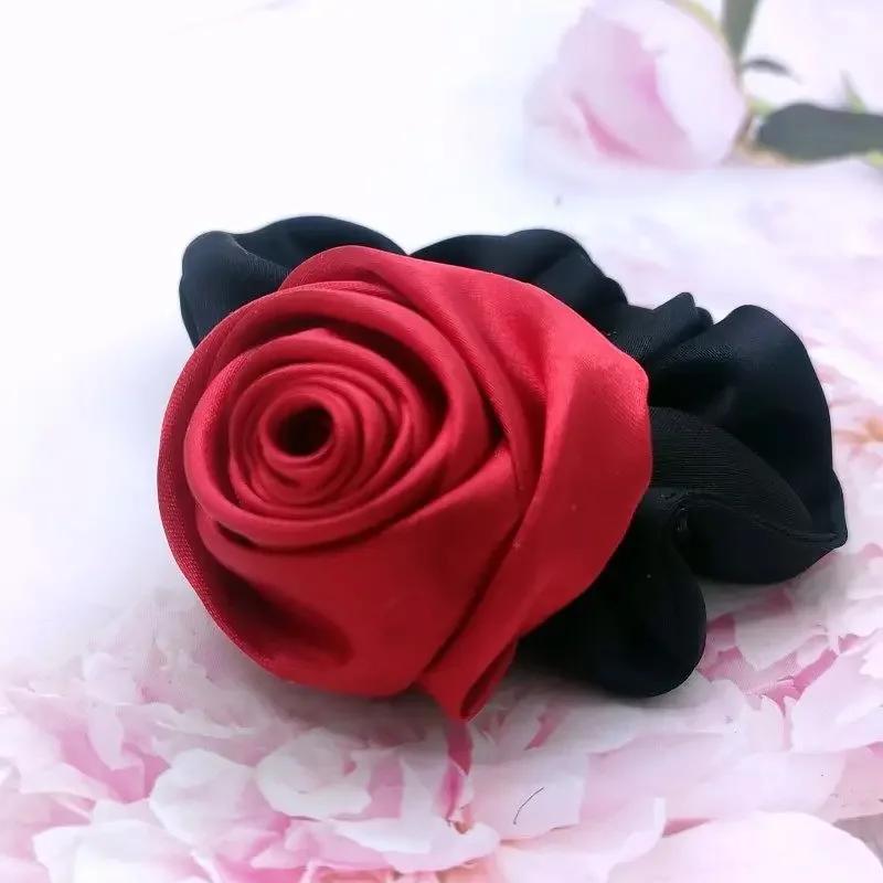Rose Flower Head Rope French Style Retro Gentle Large Flower Intestine Hair Ring Artistic Satin Gloss Hair Scrunchies Woman