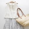 Women's French Romantic Seersucker Checkered A-Line Umbrella Midi Skirt - Light Blue & White Paneled Flared Hem for Summer