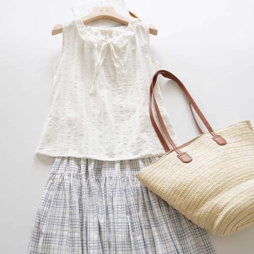 Women's French Romantic Seersucker Checkered A-Line Umbrella Midi Skirt - Light Blue & White Paneled Flared Hem for Summer