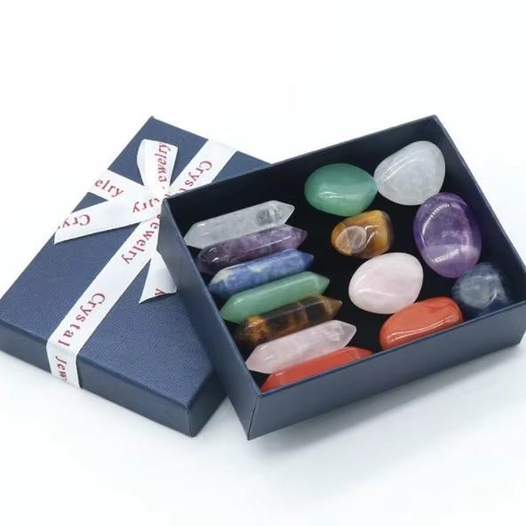 Seven-Color Crystal Heart & Hexagonal Stone Set - Natural Tumbled Stones & Mineral Specimens Gift Box