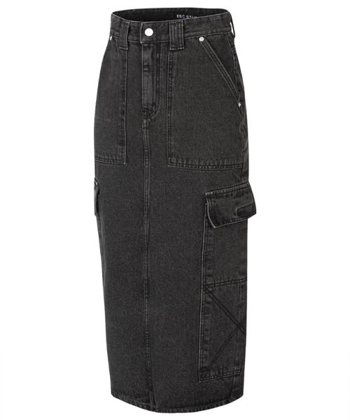 Ieseussiseutyudio Cargo Pocket Denim Long Skirt (Black)