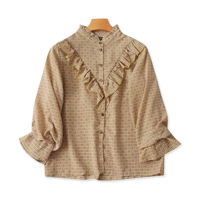 

Export Single Autumn Blouses Lace Collar Single Breasted Loose Western Style Slimming Ruffles Retro Tops Yellow M