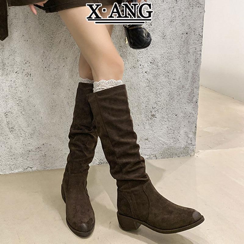 Cowhide Version But Knee High Boots Children's Long Boots Pointed Thick Heel Pleated Pile Boots Western Cowboy Knight Boots