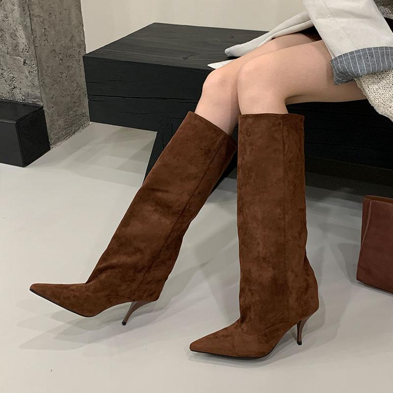Fashion Fashion Pointed Toe Party Modern Ladies Knee High Boots Female Thin Heels Shoes Flock Women Long Boots Slip On Shoes Pumps lady