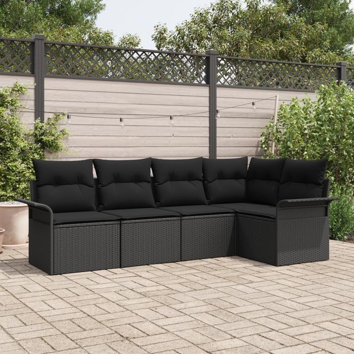 VidaXL Ensemble de canapé de jardin 5 pièces avec coussins en noir Poly Rattan 3345363