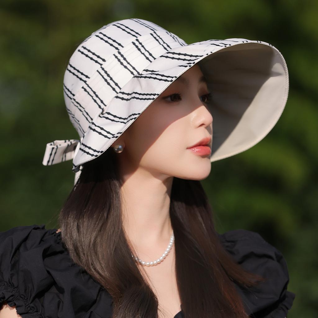 New striped bucket hat women's summer big eaves sunscreen sunshade niche breathable face small hat face cover basin hat