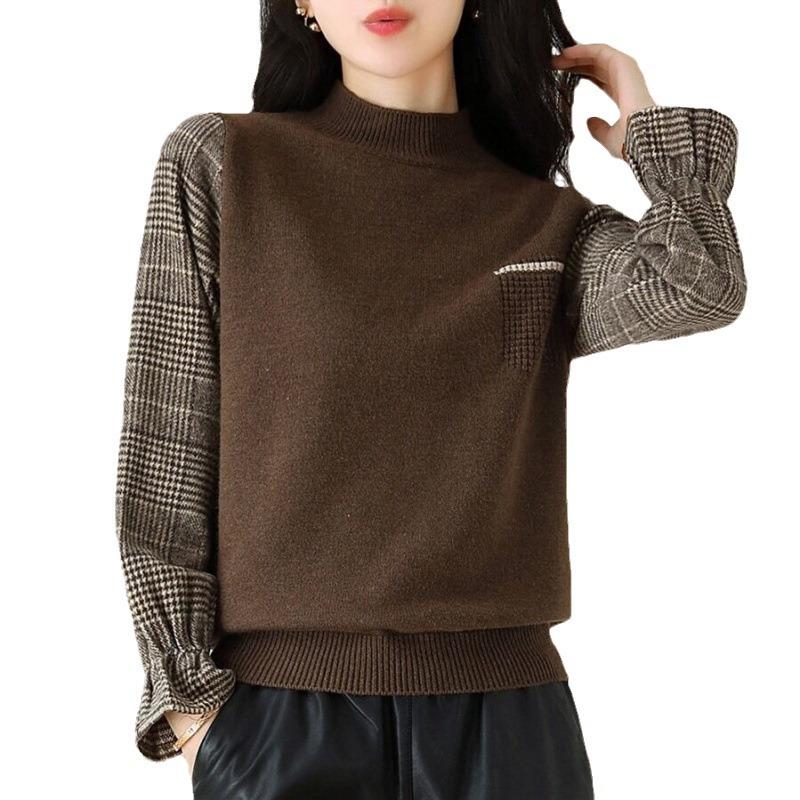 Autumn Winter Korean Version Fashionable Simple and Versatile Color Blocked Plaid Retro British Elastic Base Knitted Sweater Top for Women