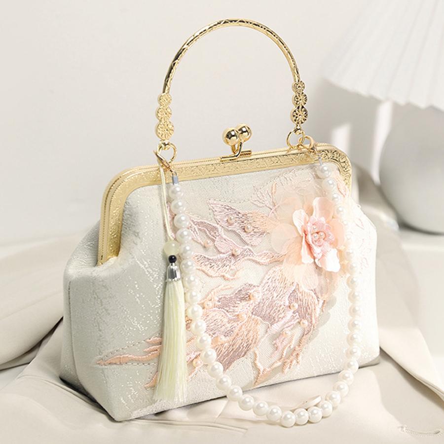 Chinese Style Embroidered Flower Shoulder Bag Elegant Handbags Small Square Bag Wedding Party Pearl Chain Women Evening Bags Sac