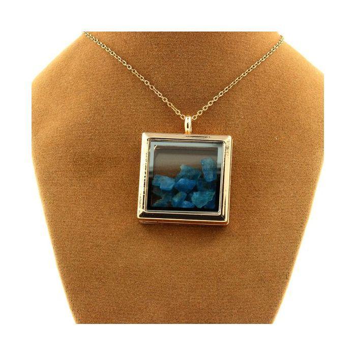 Stones and Minerals. Raw Neon Blue Apatite Necklace. Square Model. Color Rose Gold.