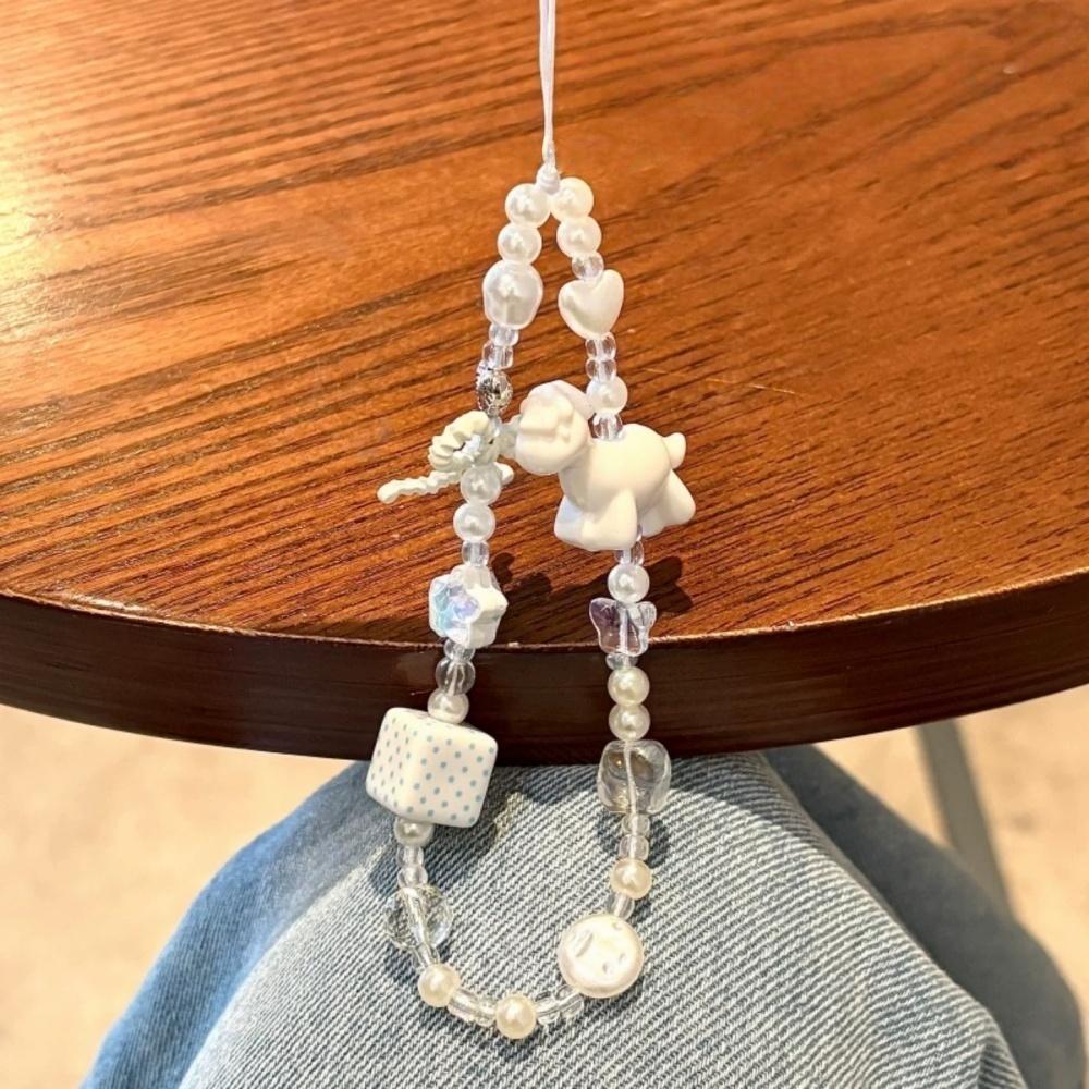 ins style white pony bow beaded phone strap for ccd camera bag charm phone case lanyard