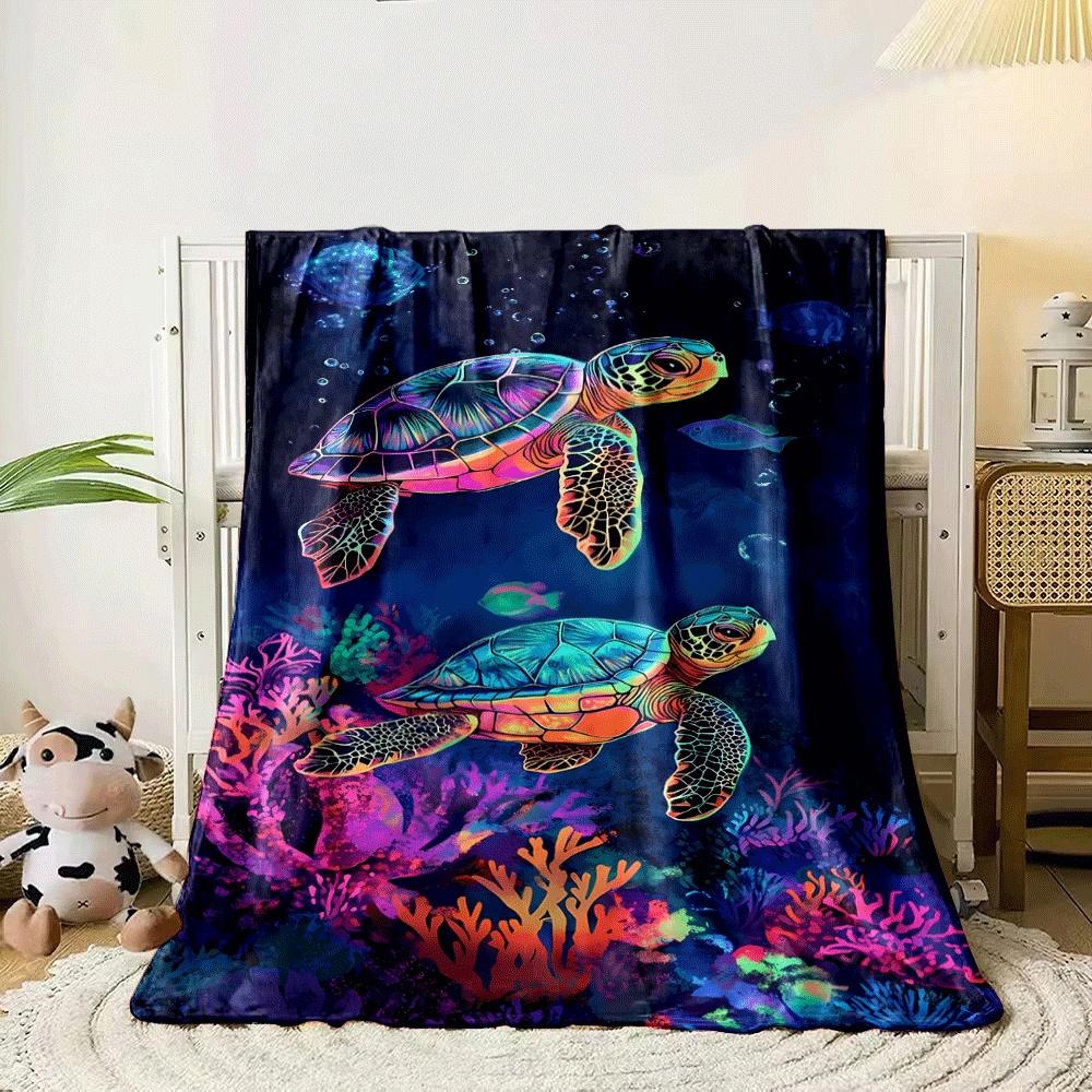 Two vibrant turtles swim underwater amidst colorful coral and bubbles. for all seasons blanket lunch break throw gift 80cm x 120cm