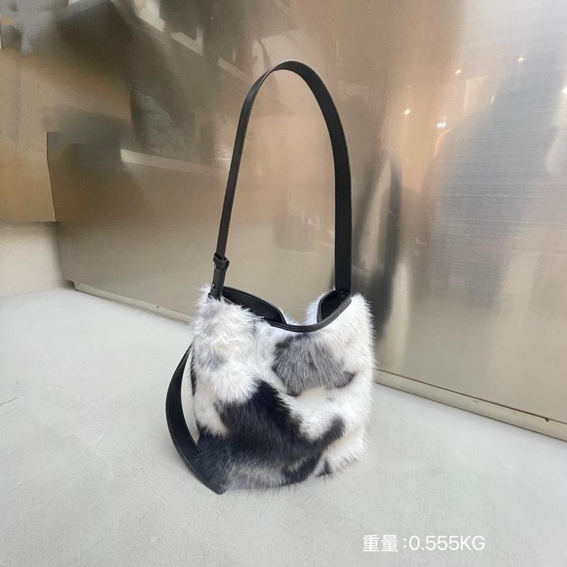 

Fluffy Plush Bucket Bag Cute Cow Pattern Shoulder Bag Winter Soft Faux Suede Women s Handbags and Purses Designer Bags for Women