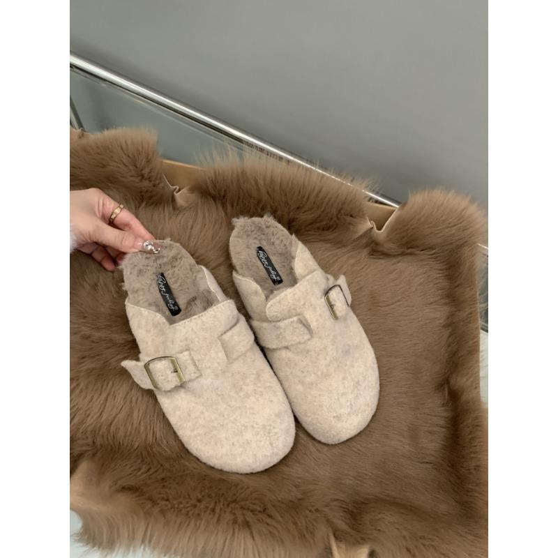 

Retro belt buckle velvet slippers women s new lazy one-pedal warm bag head slippers 35