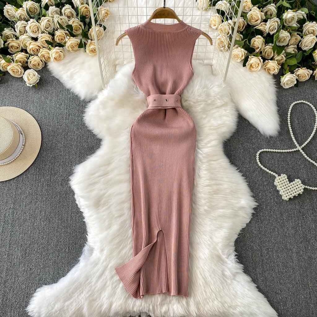 Summer Women Sleeveless Single Breasted Office Work Knitted Sweater Sheath Dresses with Belt