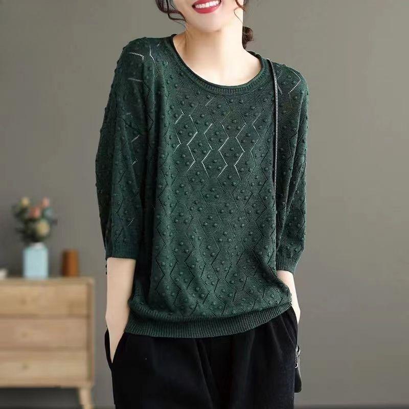Women's Plus Size Knit Sweater Spring Autumn Summer Solid Round Neck Knit T-Shirt Vintage Short Sleeve Thin Knit Pullover Top