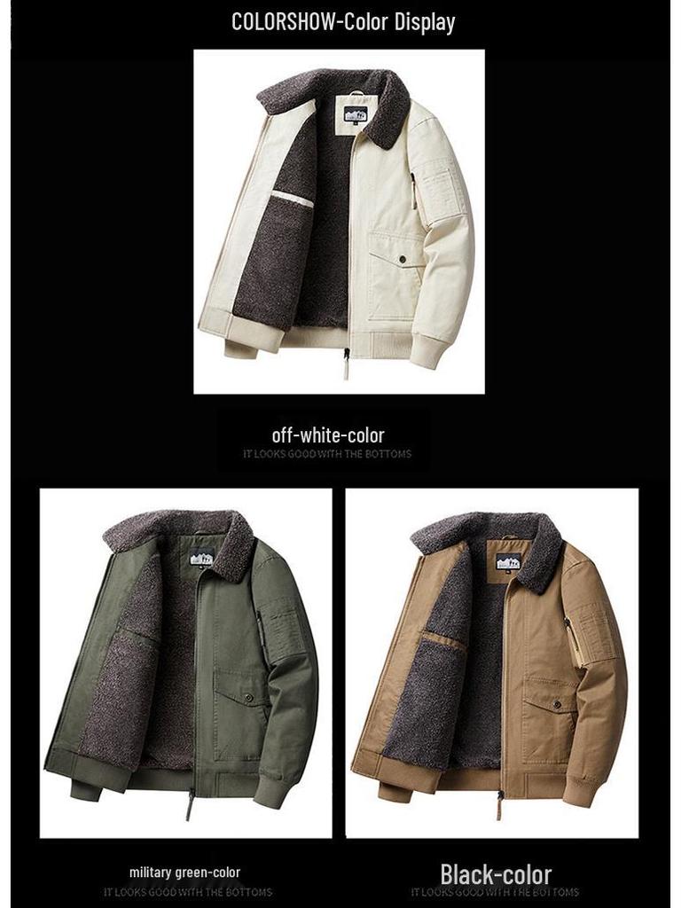 Men's Casual Fleece-Lined Warm Workwear Jacket – Retro Turn-Down Collar Coat for Autumn and Winter.