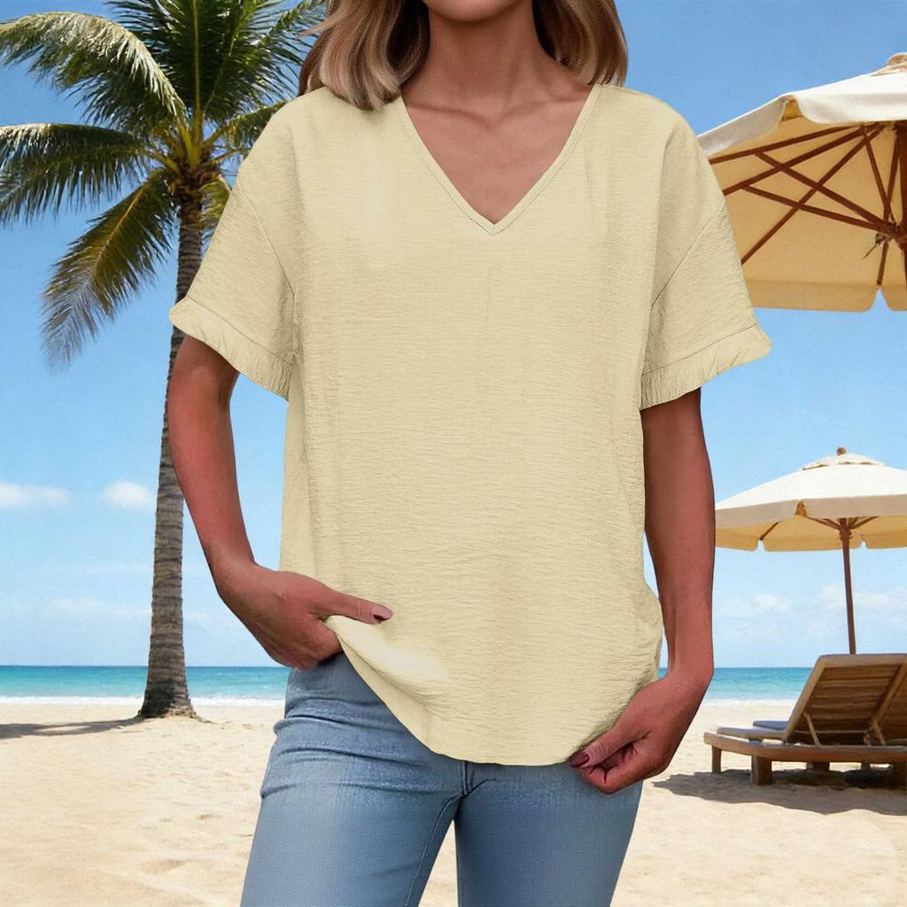 Women's Fashion V-Neck Short-Sleeve T-Shirt: -Color, Loose-Fit Casual Top