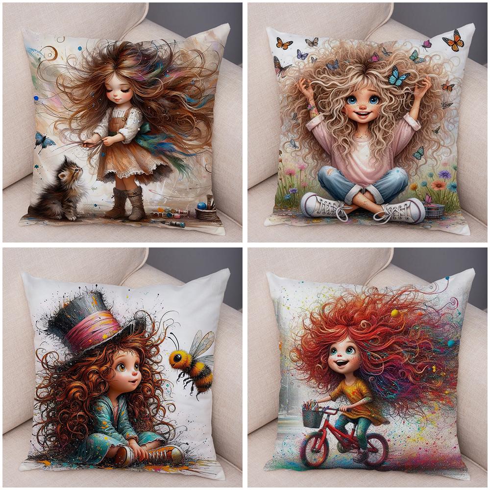 Double Print Cute Cartoon Explosive Hairstyle Cushion Cover Pillowcase Decor for Sofa Home  Super Soft Plush Pillow Case