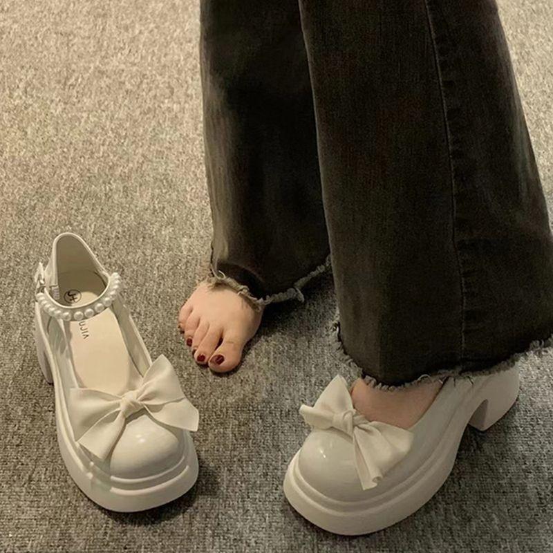Mary Jane small leather shoes women's spring new thick-soled heightening bow with skirt thick heel high heel single shoes