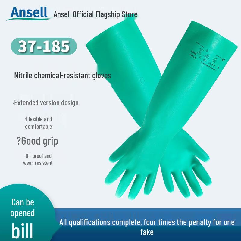 ANSELL 37-185 Green Nitrile Chemical & Wear-Resistant Gloves for Acid & Alkali Protection L (1 pair/bag)