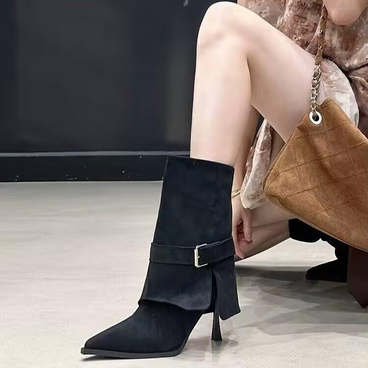 Wasteland wind pointed belt buckle high-heeled short boots women's autumn thin-heeled over-the-top trouser tube boots suede short boots
