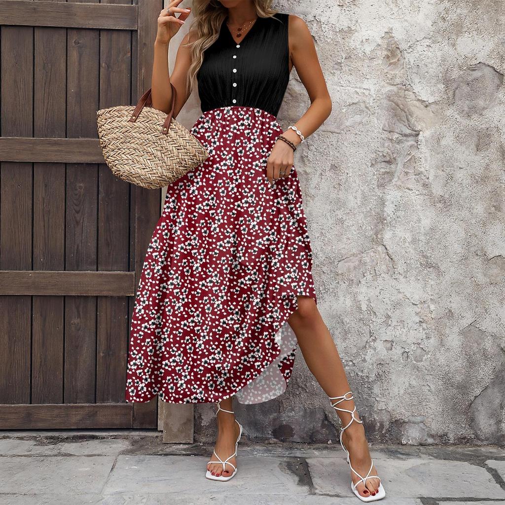Women's Casual And Fashionable V-neck  Sleeveless Printing Mid Length Dress