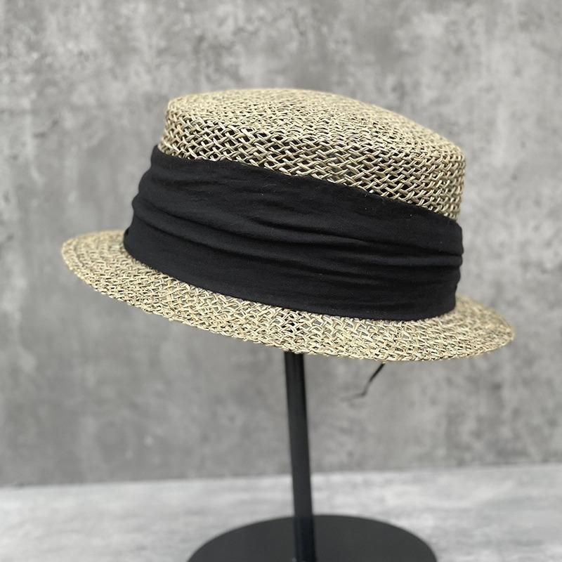 French Retro Salted Seaweed Hollow Woven Small Brim Flat Top Top Hat For Men And Women Summer Fashion Travel Short Brim Straw Hat