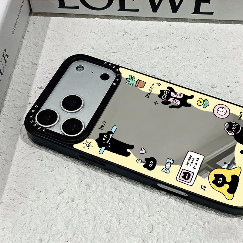 Creative cartoon black cat pattern multifunctional makeup mirror phone case suitable for iPhone 17 16 15 14 13 12 11Pro/Max/Plus