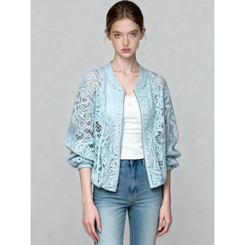 

Blue High-End Hollow Lace Short Jacket for Women 2026 Spring New Korean Style Unique and Stylish Casual Top Blue Jacket S