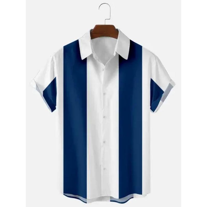 Camicia Casual da Uomo Estiva con Bottoni Stampa a Righe Verticali Blu e Bianche Manica Corta