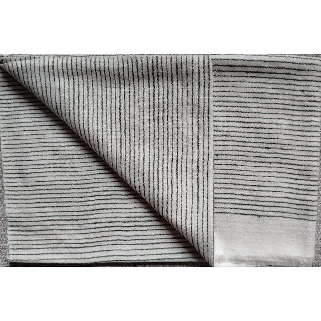 Used Authentic Pashmina Stole, Border, Natural White x Green