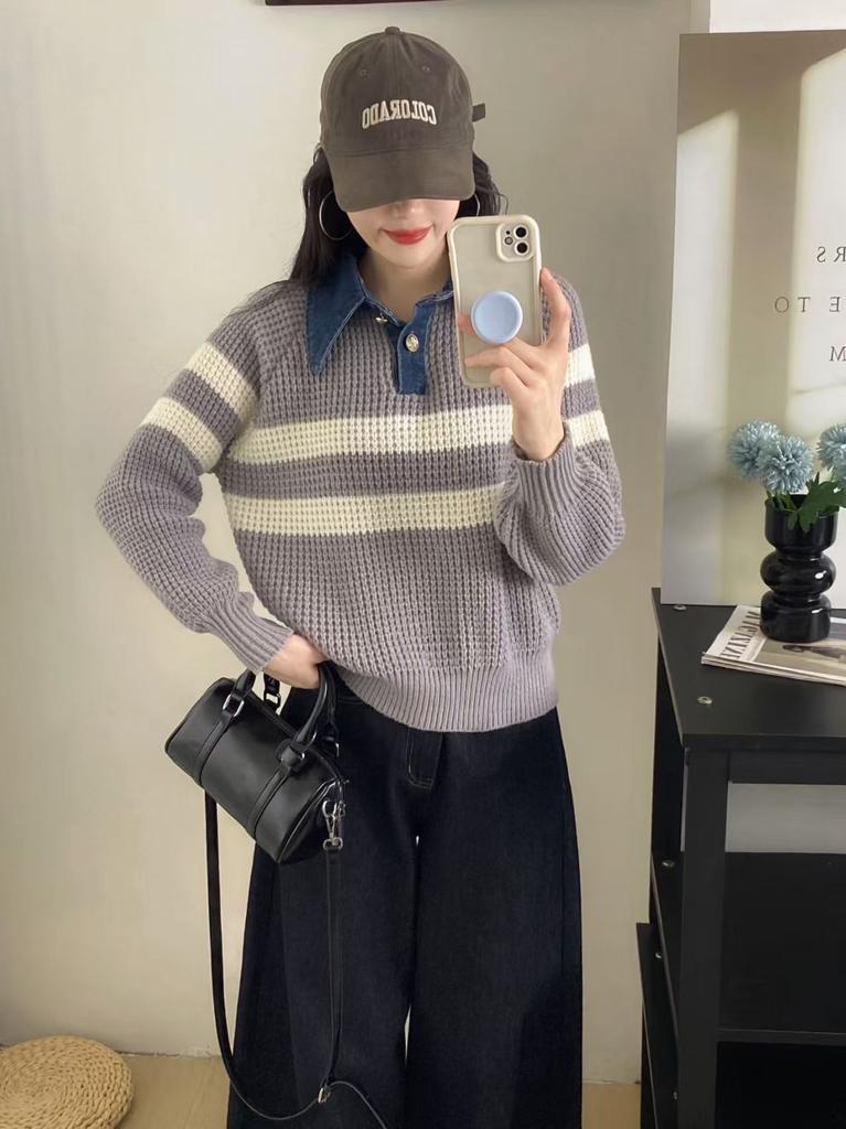 Japan and South Korea holiday two pieces of autumn and winter new denim neck knitted sweater women's loose striped thin bottoming shirt top