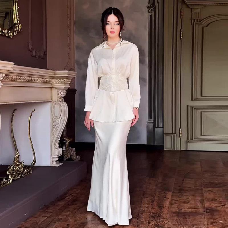 2024 Autumn Women's Solid Color Elegant Slim Fit Waist-Tied Long Dress Set