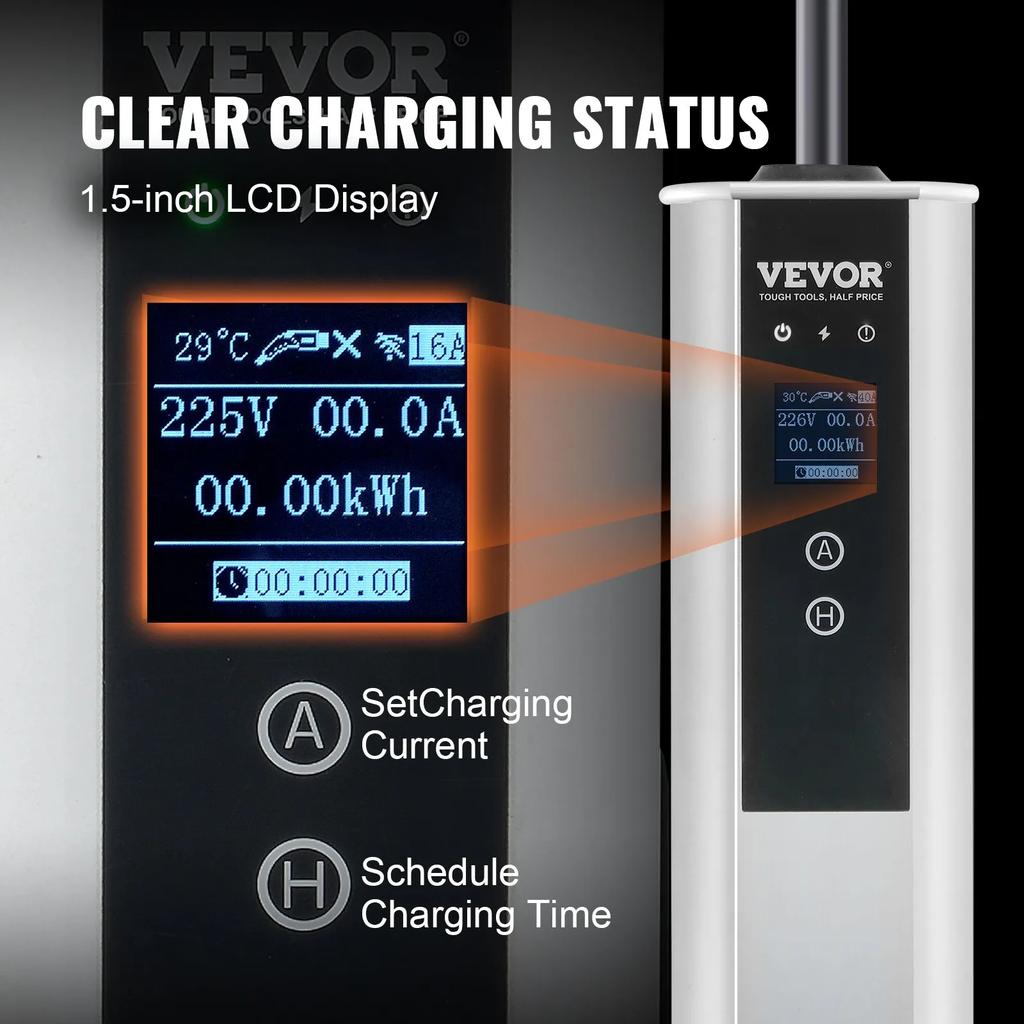 VEVOR Portable EV Charger Type 2, 32A 7.36 kW/22 kW, Electric Vehicle Car Charger with 7.5 M Charging Cable CEE 32 Plug LCD