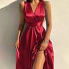 Spring and Summer Solid Color Straps V-neck Sexy Backless Evening Dress Dress Women's High Waist and Thin