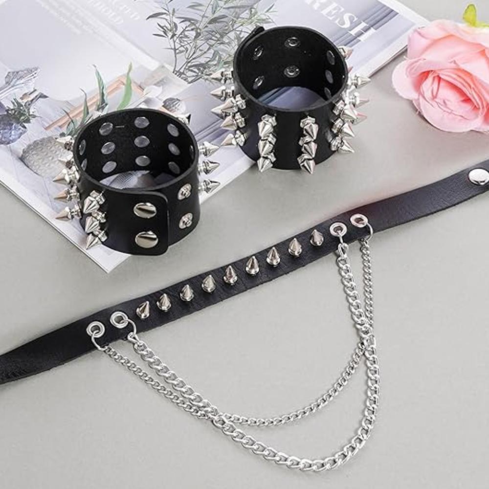 Pu Leather Nail Buckle Inlaid Bracelet Cuff Set Gothic Rivet Collar Wristband Puck Accessories For Men And Women Rock