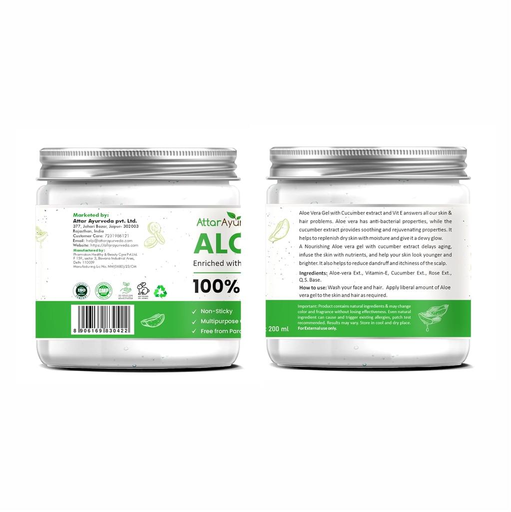 Attar Ayurveda Natural Aloe Vera Gel For Face Skin Hair 200 Ml With Vitamin E & Cucumber Extract Non Sticky Paraben Free