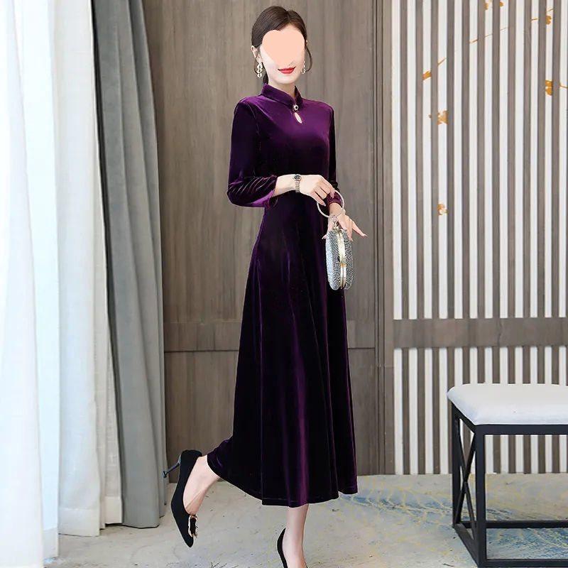 Gold Velvet Long Sleeve Cheongsam Dress - Elegant Over-Knee Slimming Gown for Spring, Autumn, and Winter