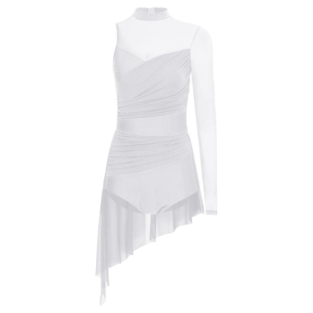 Damen Lyrisches Tanzkostüm Glitzernde Strasssteine Gerafftes Mesh-Overlay Asymmetrischer Rock-Leotard
