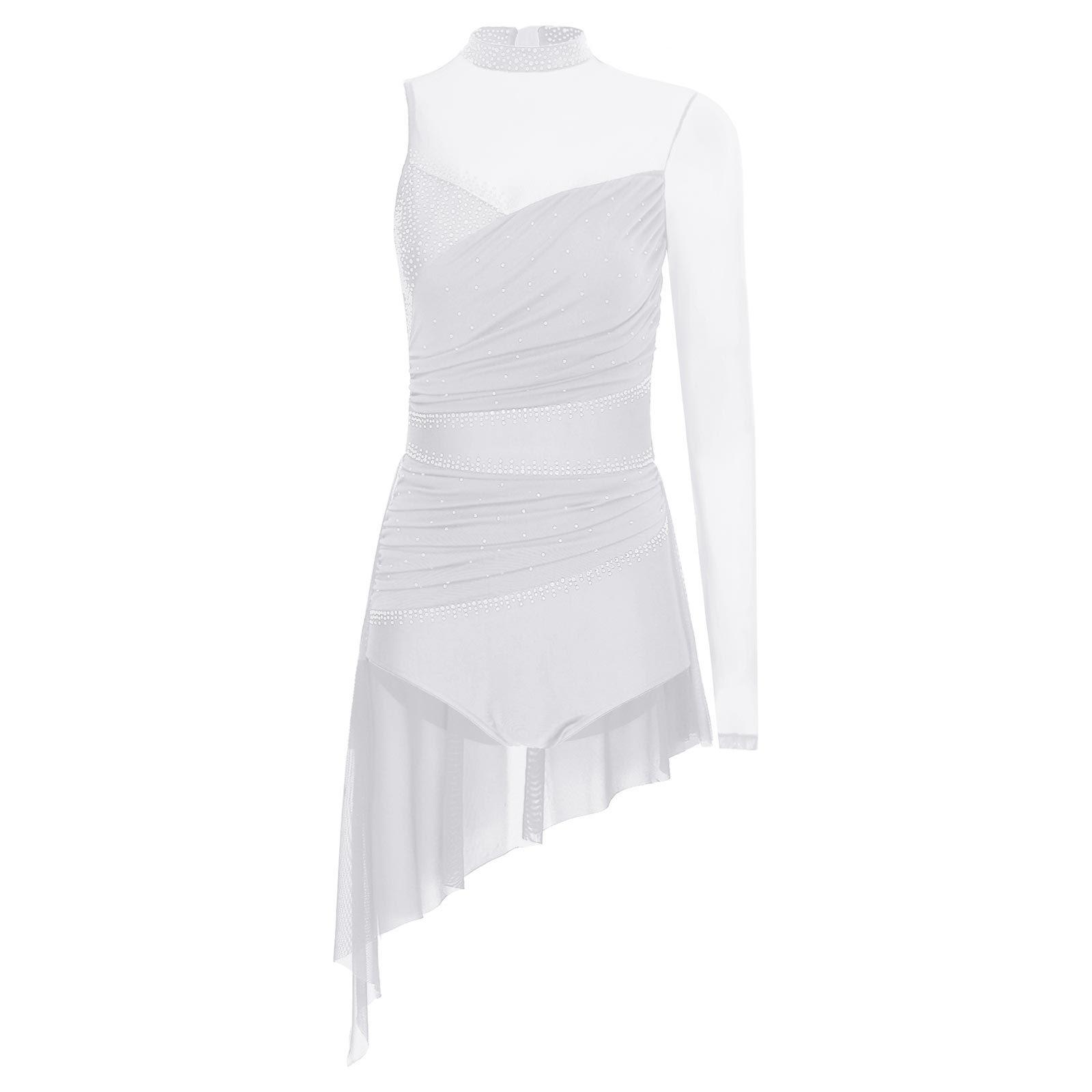 

Women Lyrical Dance Costume Sparkling Rhinestones Ruched Mesh Overlay Asymmetrical Skirted Leotard S білий
