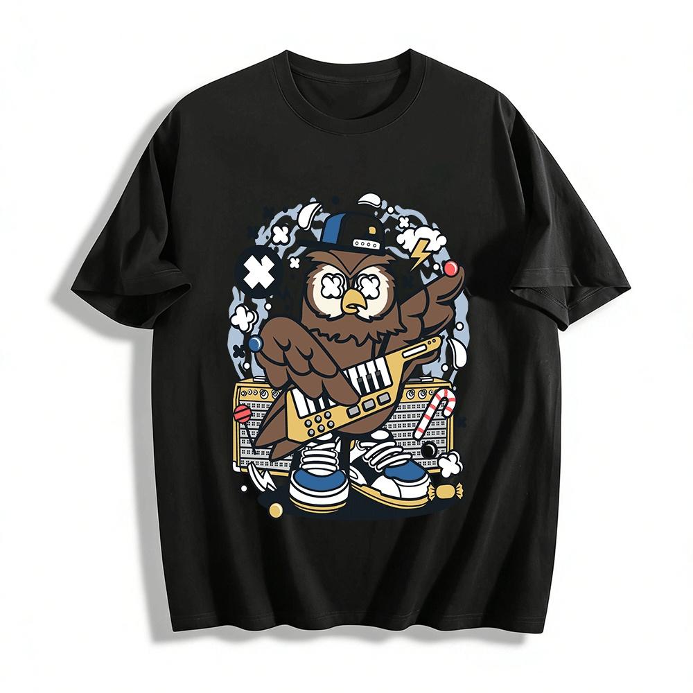 Hip Hop Owl Keyboard Player Graphic Tee Unisex Casual Streetwear Pure cotton T-shirt