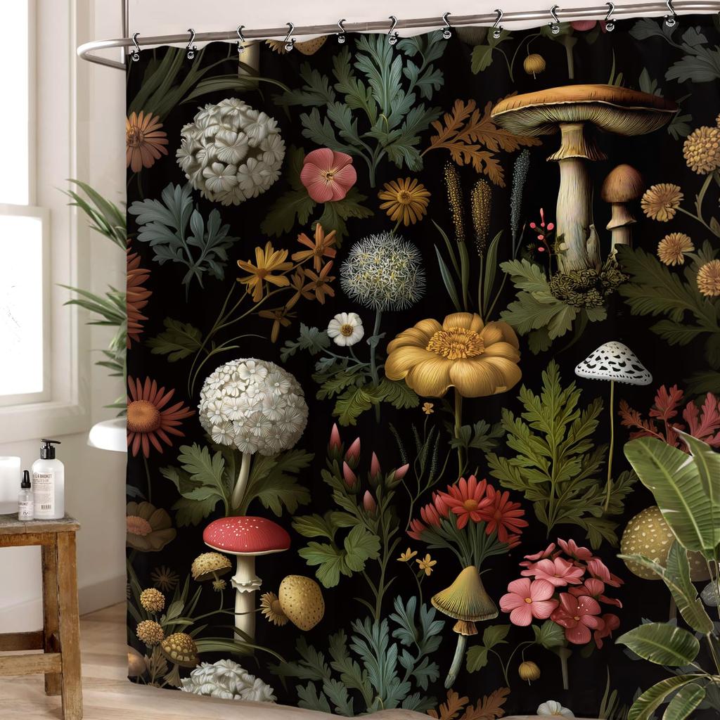 Vintage Dark Green Forest Bathroom Shower Curtain Night Moon Landscape Nature Mystical Midnight Polyester Fabric 12 Plastic