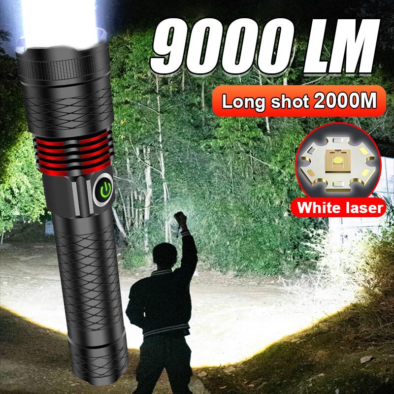 9000LM Rechargeable LED Flashlights White Laser Lamp Beads 2000m Super Bright Flashlight Powerful Lantern Camping Torch