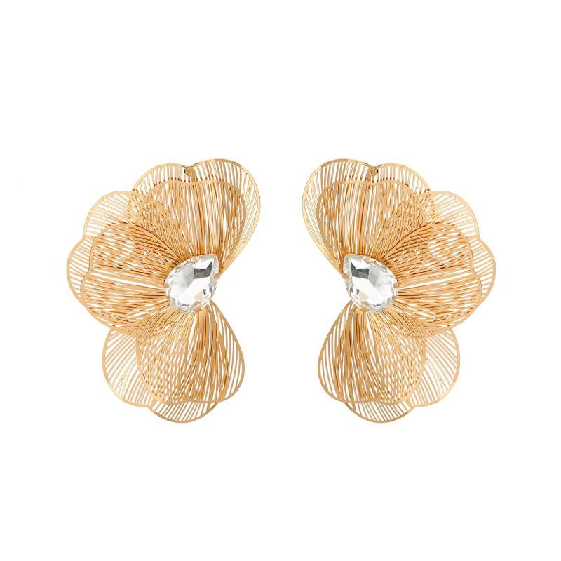 Gold Floral Stud Earrings With Rhinestone Accents Hollow Out Design Women Fashion Jewelry