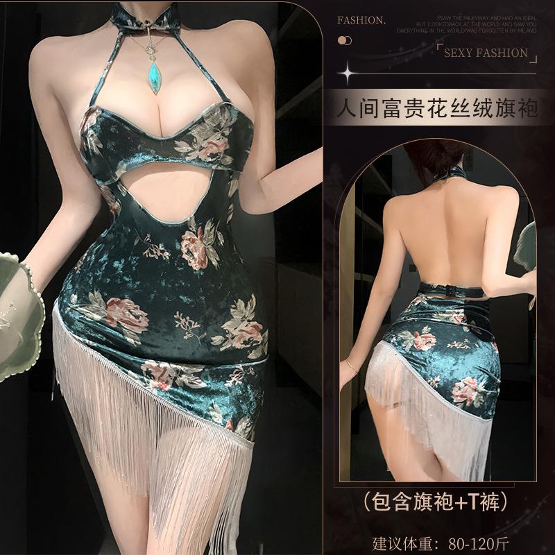 Sex Underwear World Rich Flower Velvet Printing Ancient Cheongsam Pure Desire Temptation Hip Skirt Set